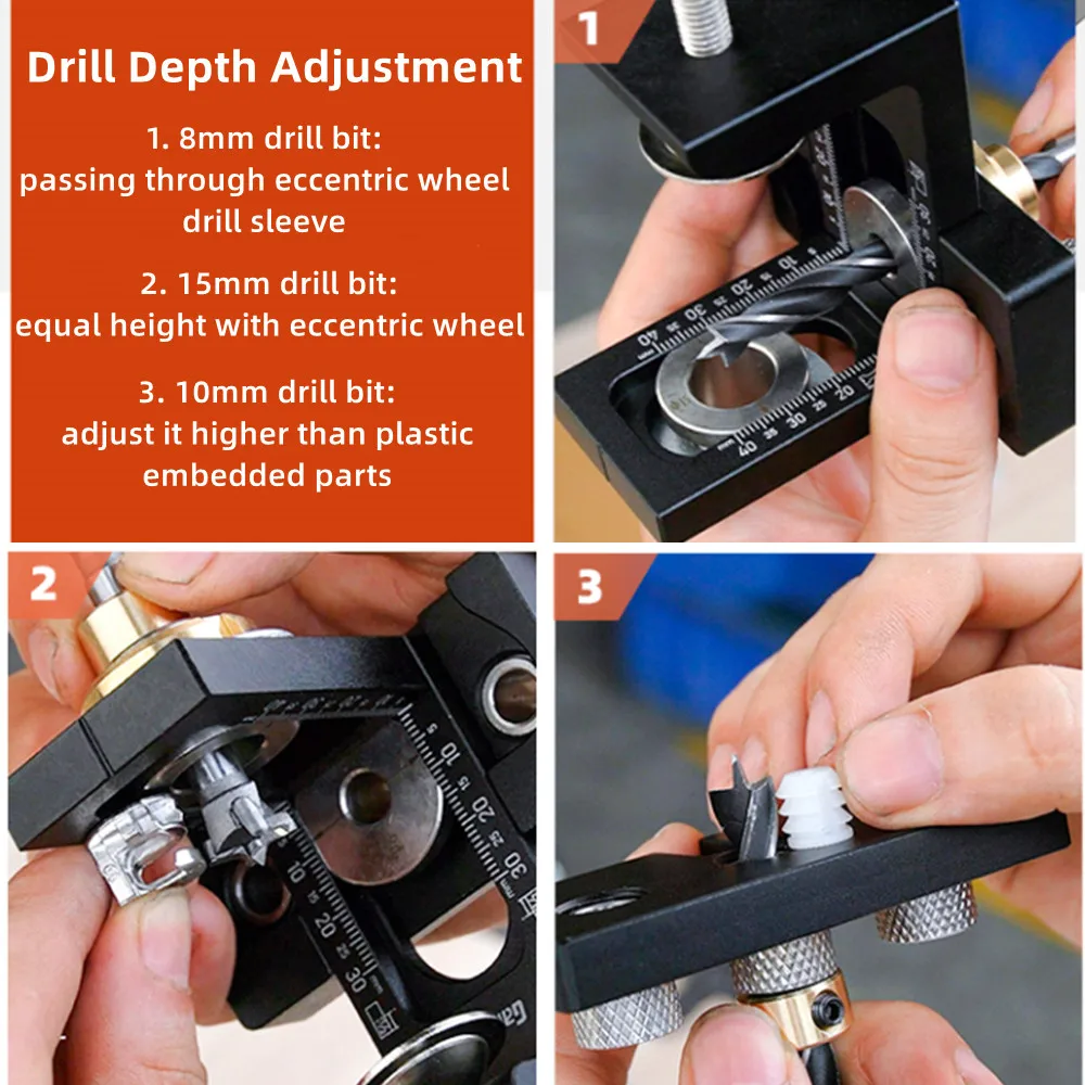 Woodworking 3 In 1 Doweling Jig Kit -Adjustable Wood Dowel Punch Locator Aluminum Pocket Hole Jig, Cabinet Hole Drill Guide Tool - Image 5